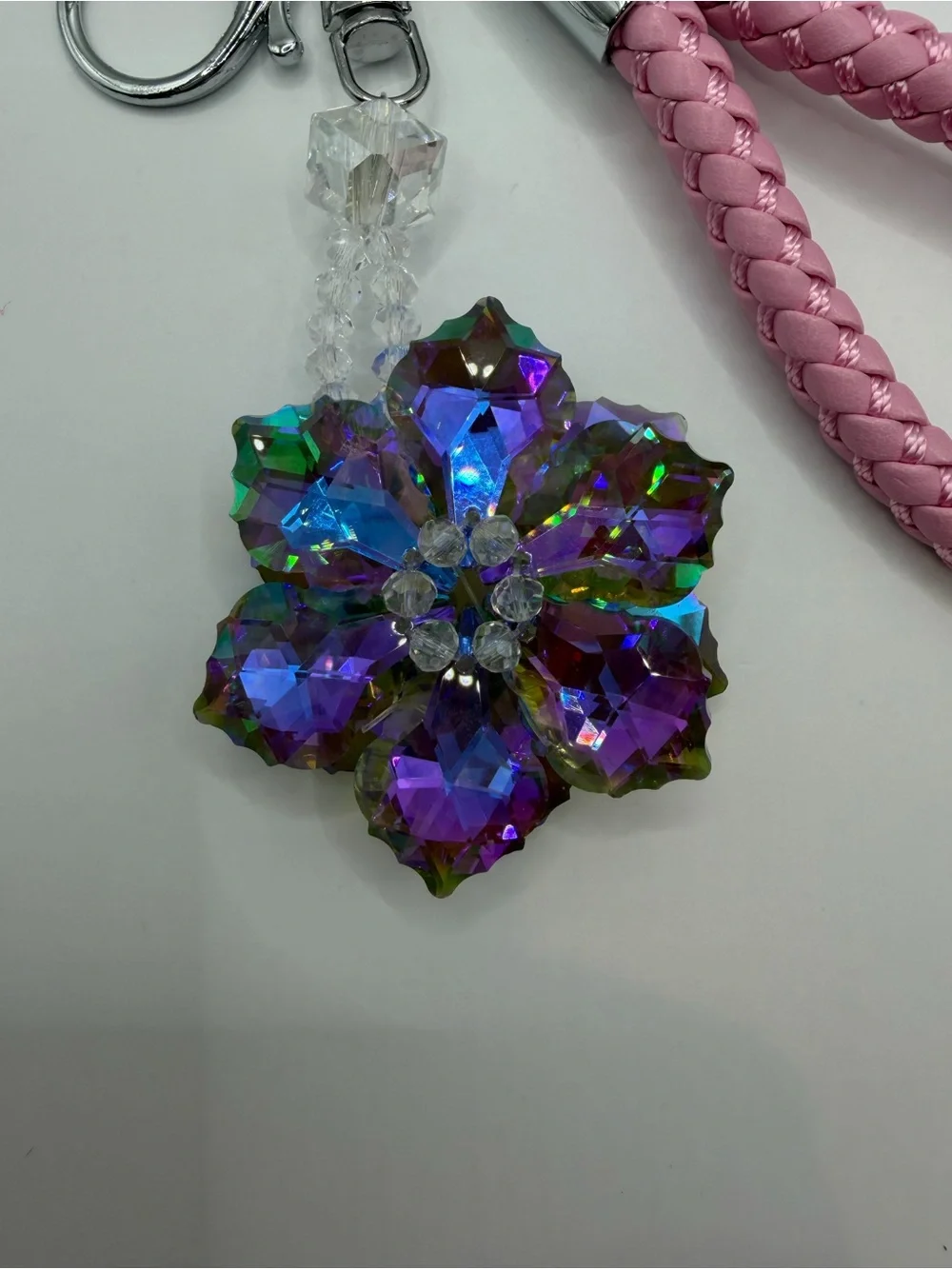 Crystal Flower Keychain | Iridescent Charm Pink Loop Bag Accessory